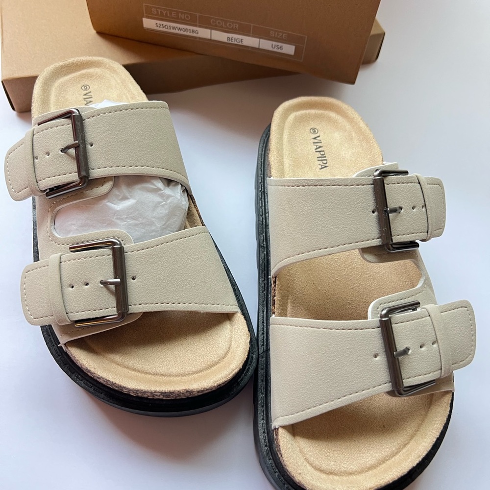 Women’s Beige Double-Buckle Platform Sandals - Picture 2 of 8